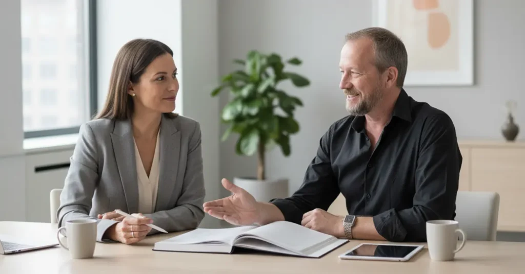 Ben Giddings talking to a client while sitting at a desk