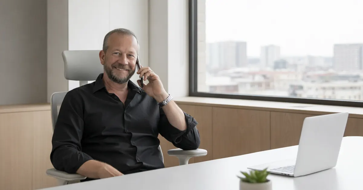 Man sitting at desk talking on a mobile phone