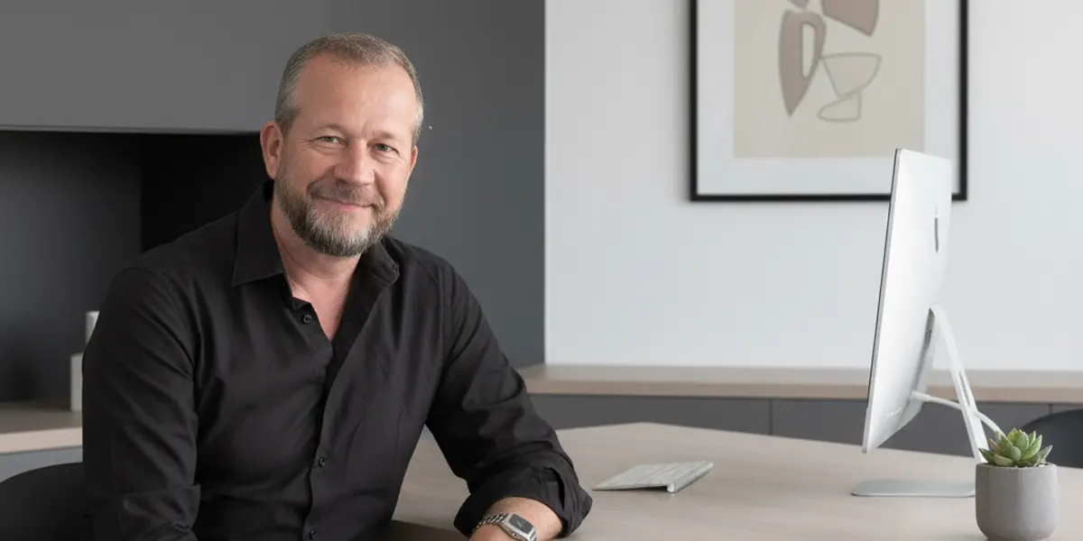 Man sitting at a desk smiling and facing the camera